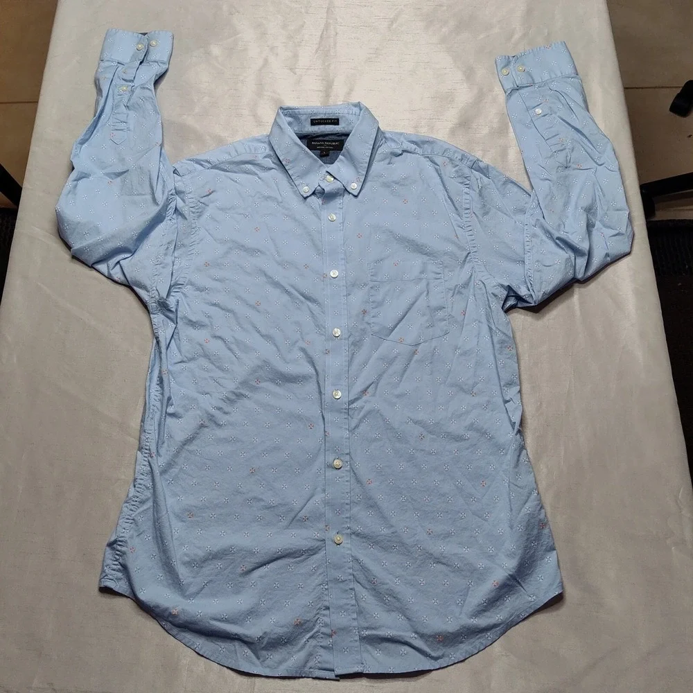 BANANA REPUBLIC UNTUCKED Fit Men Large Organic Cotton Blue Geo Button‎ Shirt